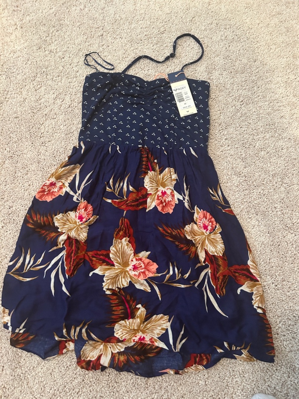 Roxy Navy Strapless Sundress with Small White Pattern “sleep to dream” xs